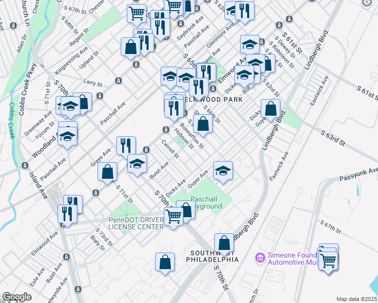 map of restaurants, bars, coffee shops, grocery stores, and more near 2613 South 68th Street in Philadelphia