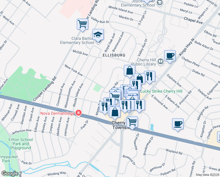 map of restaurants, bars, coffee shops, grocery stores, and more near 116 Ridge Road in Cherry Hill