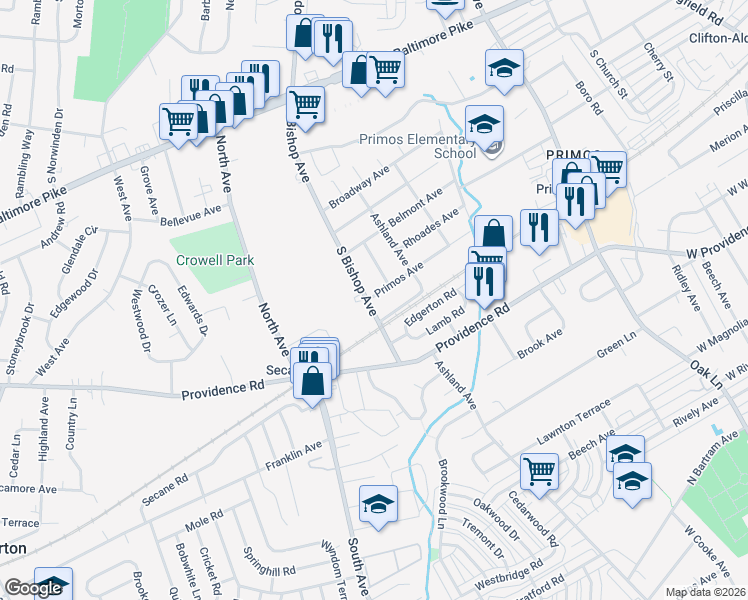 map of restaurants, bars, coffee shops, grocery stores, and more near 401 South Bishop Avenue in Delaware County