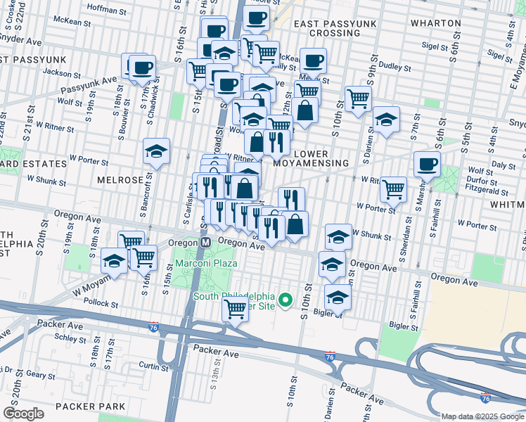 map of restaurants, bars, coffee shops, grocery stores, and more near 2537 South Camac Street in Philadelphia