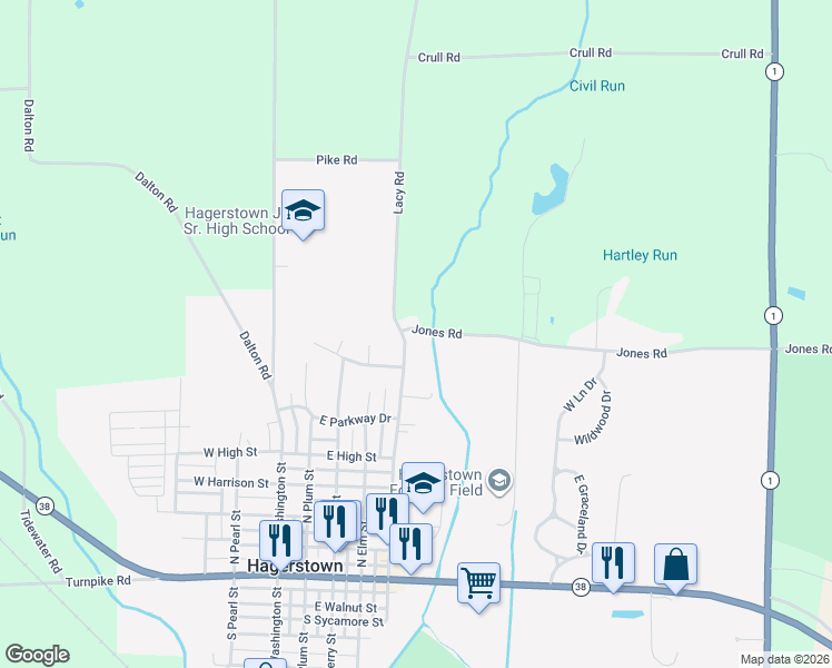 map of restaurants, bars, coffee shops, grocery stores, and more near 335 Jones Road in Hagerstown