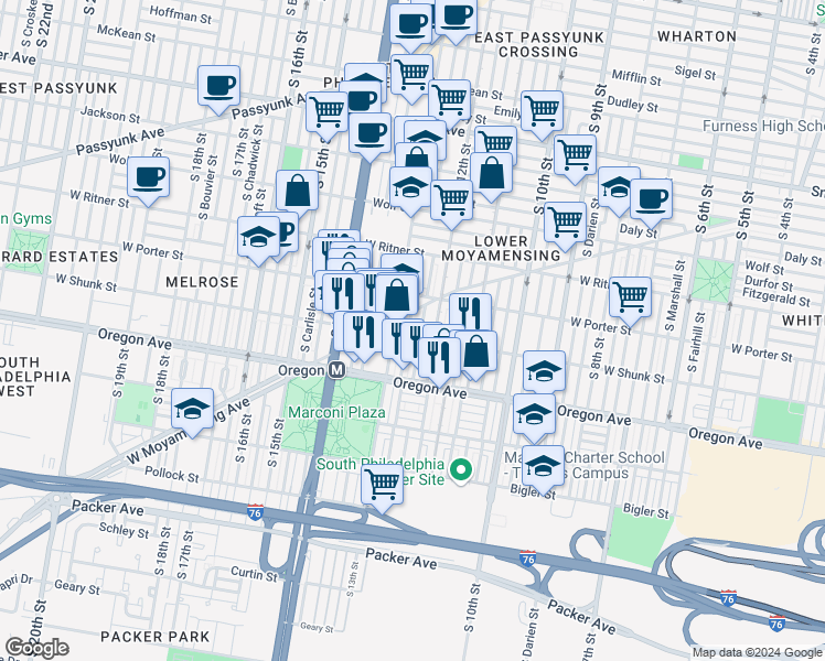 map of restaurants, bars, coffee shops, grocery stores, and more near 2525 South Iseminger Street in Philadelphia