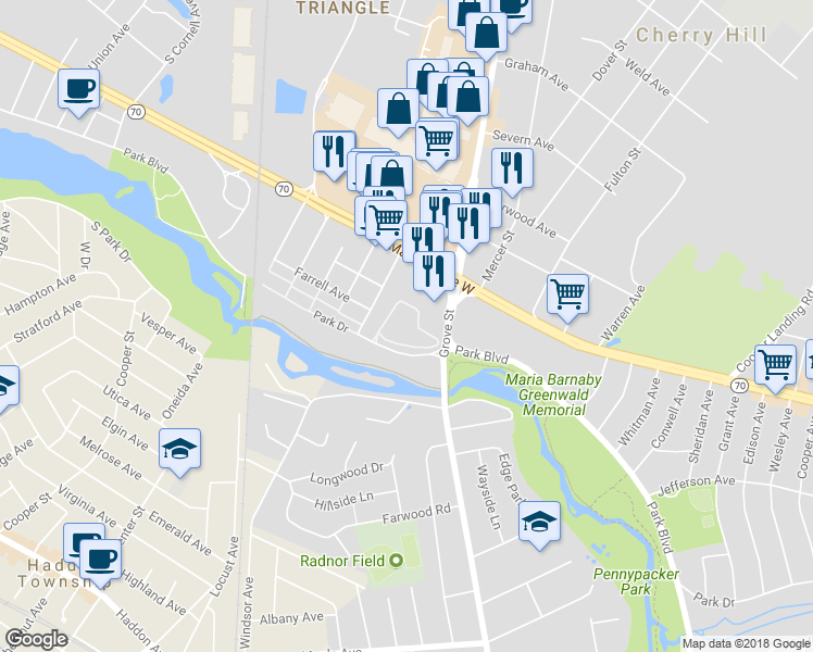 map of restaurants, bars, coffee shops, grocery stores, and more near 410 Park Place Drive in Cherry Hill