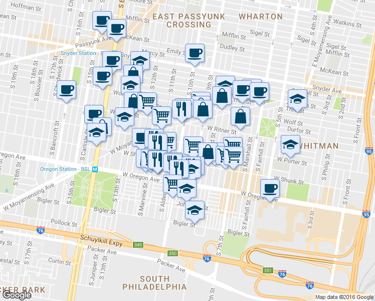 map of restaurants, bars, coffee shops, grocery stores, and more near 2516 South Percy Street in Philadelphia