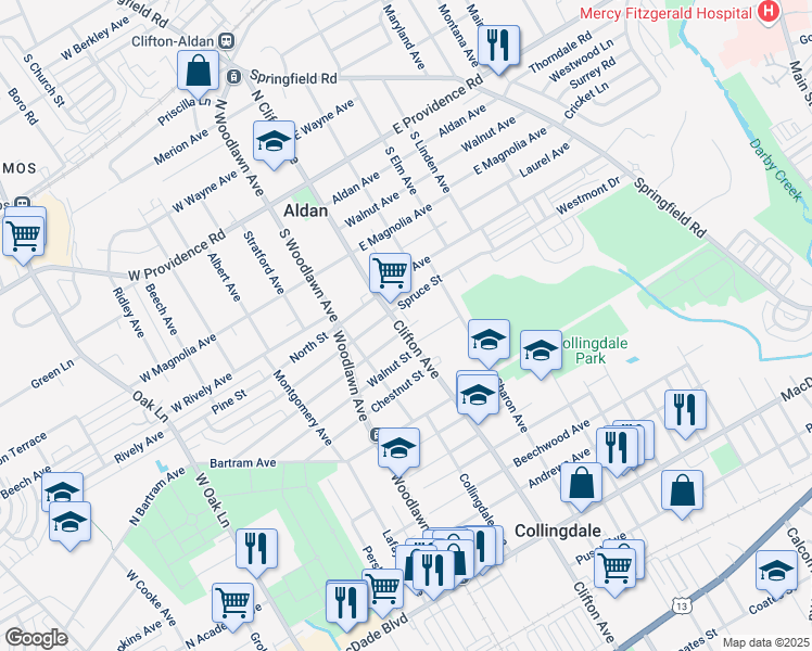 map of restaurants, bars, coffee shops, grocery stores, and more near 1001 Clifton Avenue in Collingdale