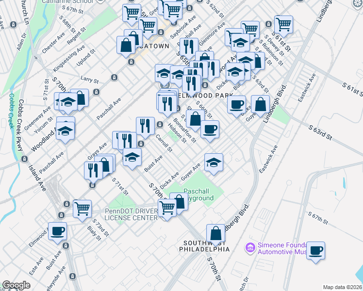 map of restaurants, bars, coffee shops, grocery stores, and more near 2613 South 68th Street in Philadelphia