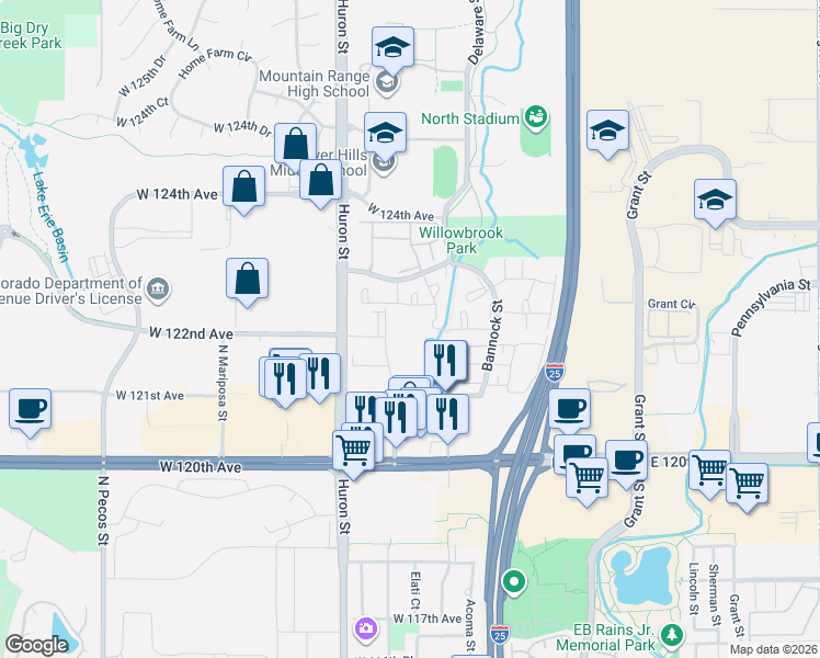 map of restaurants, bars, coffee shops, grocery stores, and more near 12180 Melody Drive in Westminster