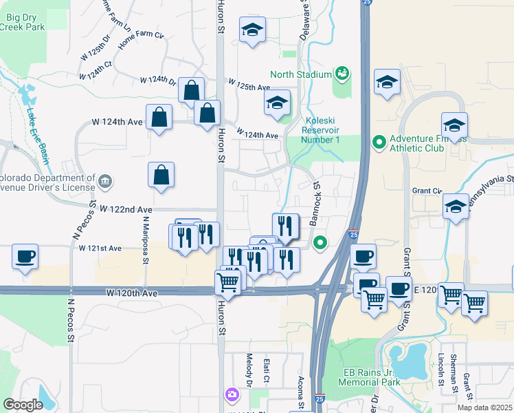 map of restaurants, bars, coffee shops, grocery stores, and more near 12180 Melody Drive in Westminster