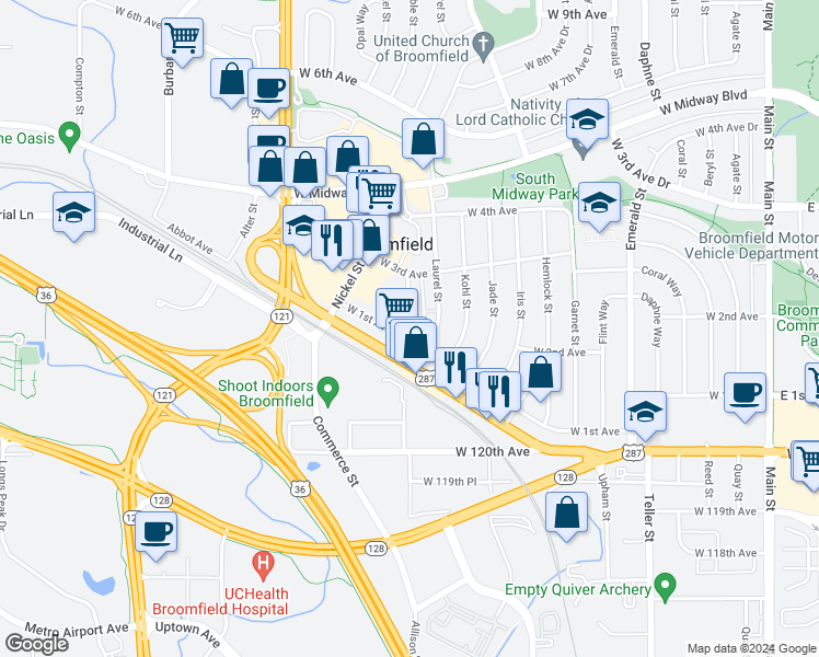 map of restaurants, bars, coffee shops, grocery stores, and more near 145 Laurel Street in Broomfield