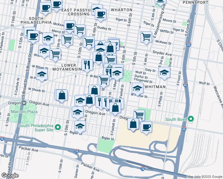 map of restaurants, bars, coffee shops, grocery stores, and more near 637 West Porter Street in Philadelphia