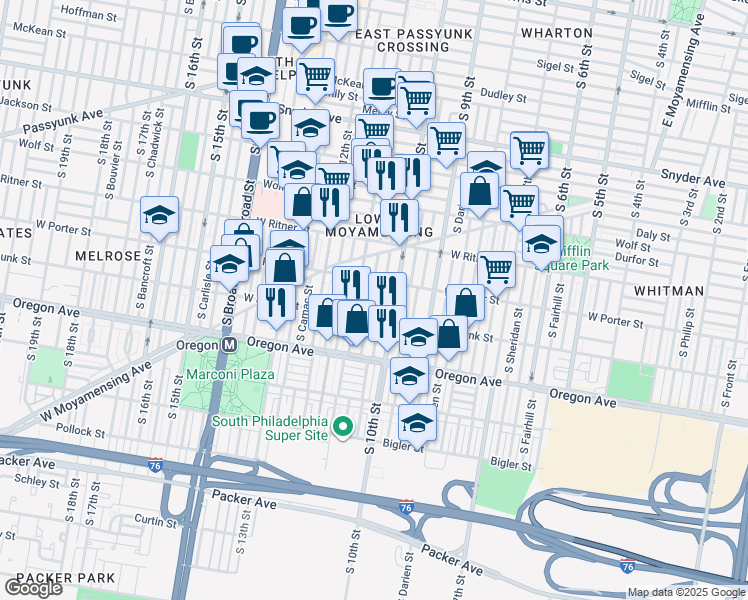 map of restaurants, bars, coffee shops, grocery stores, and more near 2527 South Warnock Street in Philadelphia