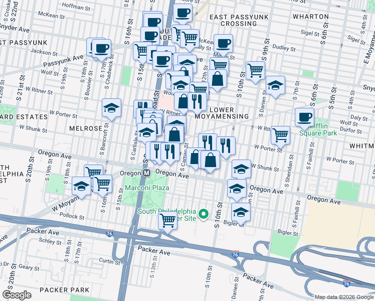 map of restaurants, bars, coffee shops, grocery stores, and more near 2526 South Camac Street in Philadelphia