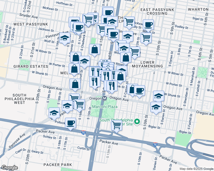 map of restaurants, bars, coffee shops, grocery stores, and more near in Philadelphia