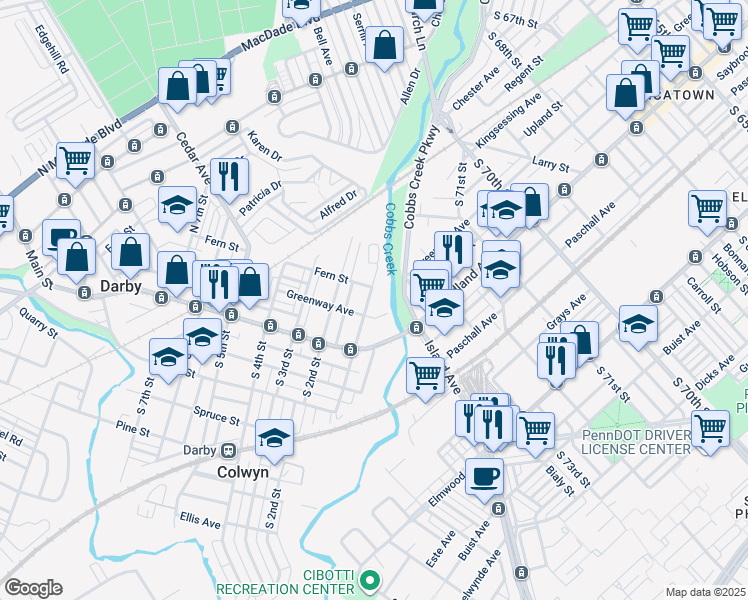 map of restaurants, bars, coffee shops, grocery stores, and more near 50 Fern Street in Darby