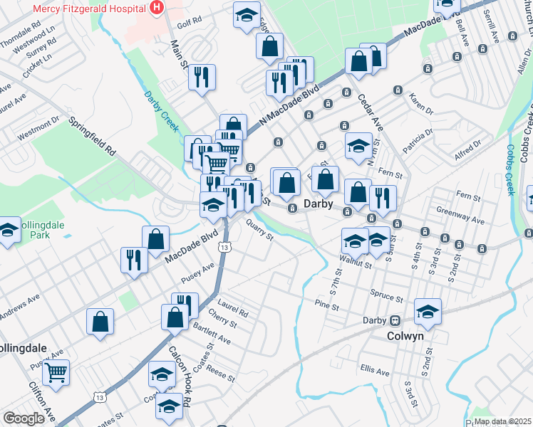 map of restaurants, bars, coffee shops, grocery stores, and more near 890 Main Street in Darby
