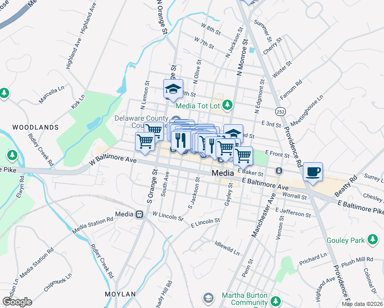 map of restaurants, bars, coffee shops, grocery stores, and more near 22 West State Street in Media