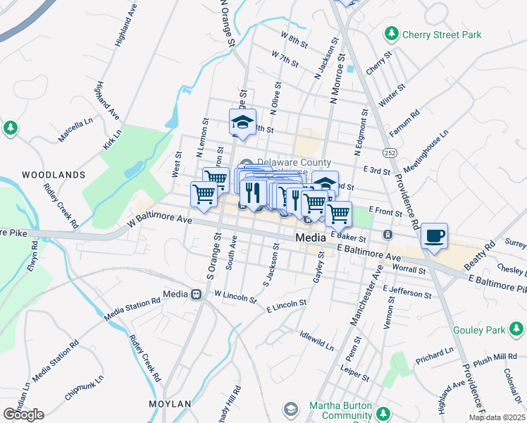 map of restaurants, bars, coffee shops, grocery stores, and more near 22 West State Street in Media