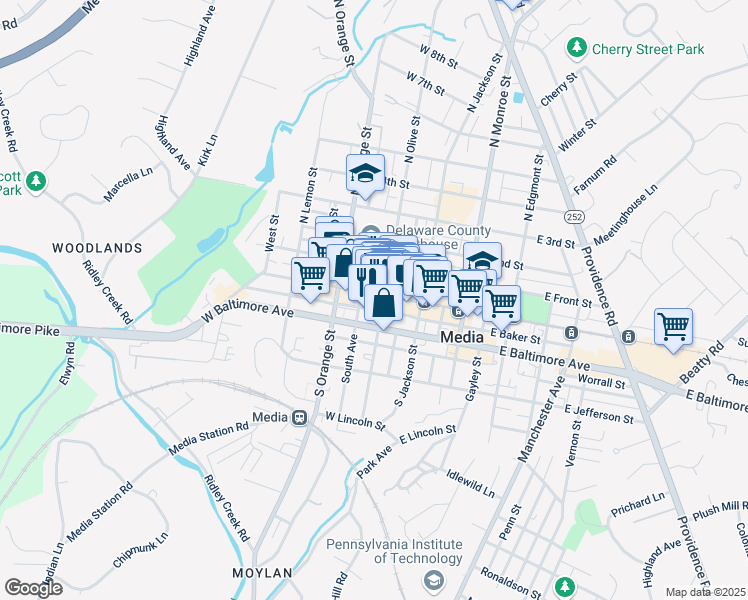 map of restaurants, bars, coffee shops, grocery stores, and more near 34 West State Street in Media