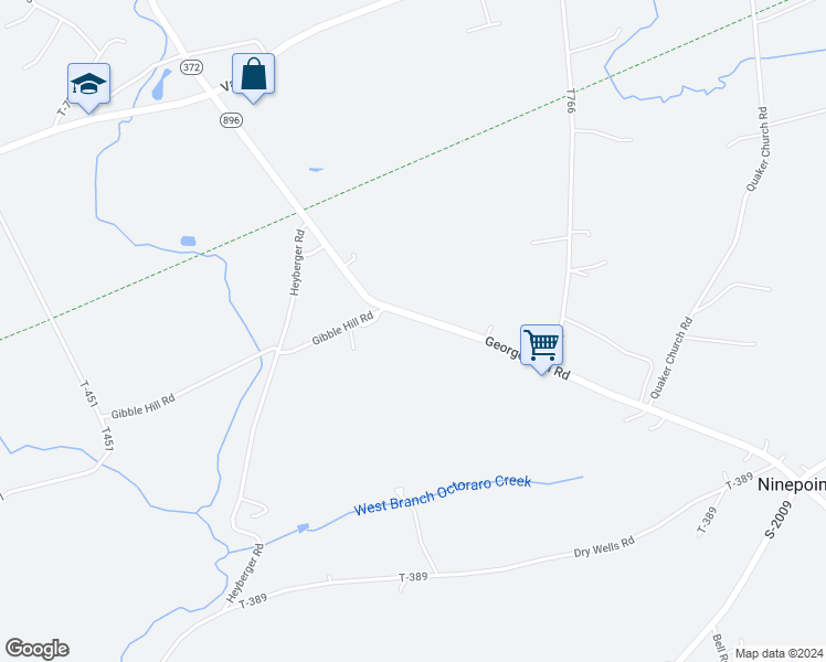 map of restaurants, bars, coffee shops, grocery stores, and more near 1368 Georgetown Road in Quarryville