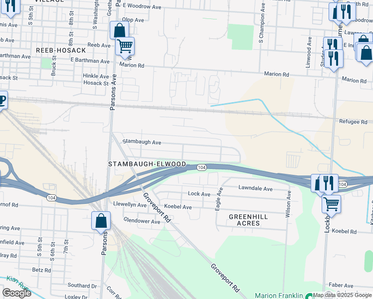 map of restaurants, bars, coffee shops, grocery stores, and more near 627 Stambaugh Avenue in Columbus