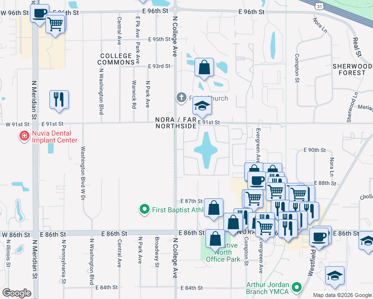 map of restaurants, bars, coffee shops, grocery stores, and more near 9000 North College Avenue in Indianapolis