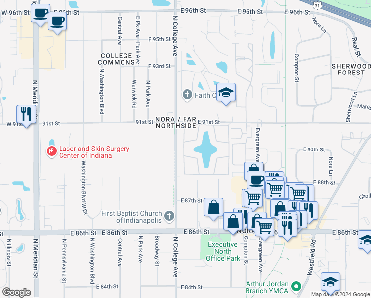 map of restaurants, bars, coffee shops, grocery stores, and more near 9000 North College Avenue in Indianapolis