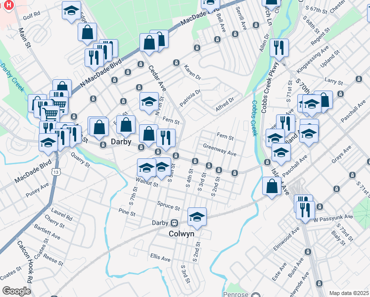 map of restaurants, bars, coffee shops, grocery stores, and more near 429 Darby Terrace in Darby