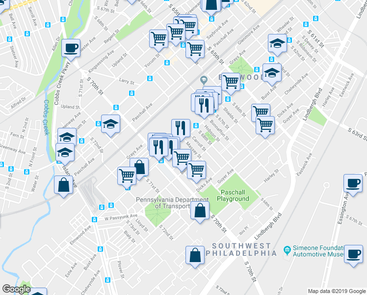 map of restaurants, bars, coffee shops, grocery stores, and more near 2515 South 69th Street in Philadelphia