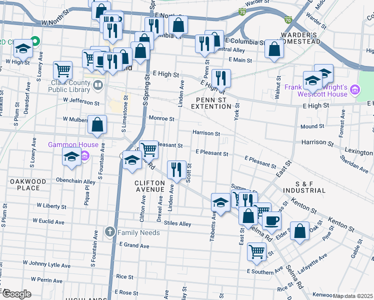 map of restaurants, bars, coffee shops, grocery stores, and more near 437 Scott Street in Springfield