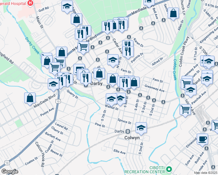 map of restaurants, bars, coffee shops, grocery stores, and more near 640 Main Street in Darby