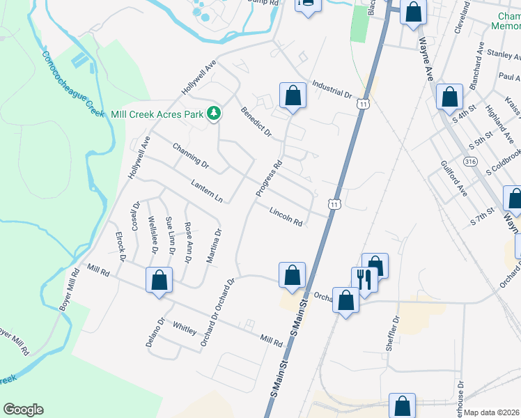 map of restaurants, bars, coffee shops, grocery stores, and more near 180 Lincoln Road in Chambersburg