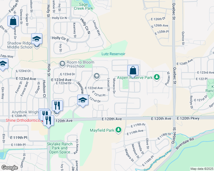 map of restaurants, bars, coffee shops, grocery stores, and more near 12215 Locust Street in Brighton