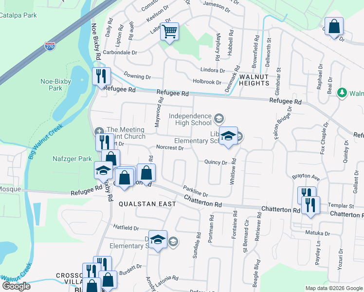 map of restaurants, bars, coffee shops, grocery stores, and more near 5112 Norcrest Drive in Columbus