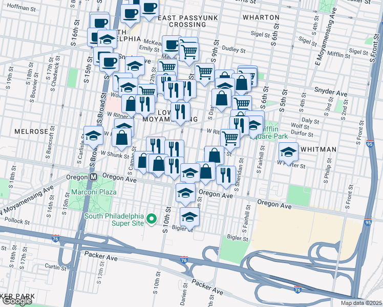 map of restaurants, bars, coffee shops, grocery stores, and more near 2516 South Percy Street in Philadelphia