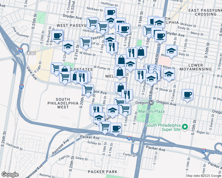map of restaurants, bars, coffee shops, grocery stores, and more near 2641 South Bouvier Street in Philadelphia