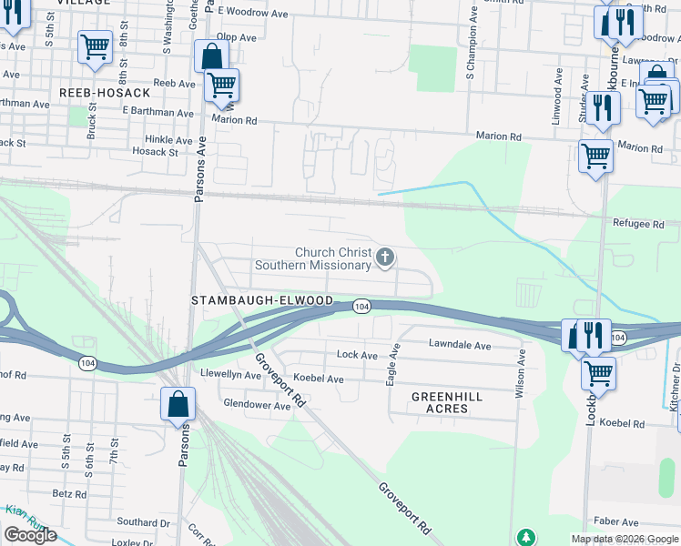 map of restaurants, bars, coffee shops, grocery stores, and more near 627 Stambaugh Avenue in Columbus