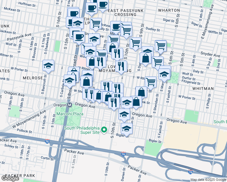 map of restaurants, bars, coffee shops, grocery stores, and more near 2527 South Warnock Street in Philadelphia