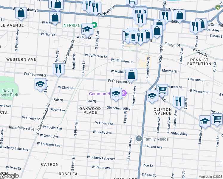 map of restaurants, bars, coffee shops, grocery stores, and more near 130 West Clark Street in Springfield