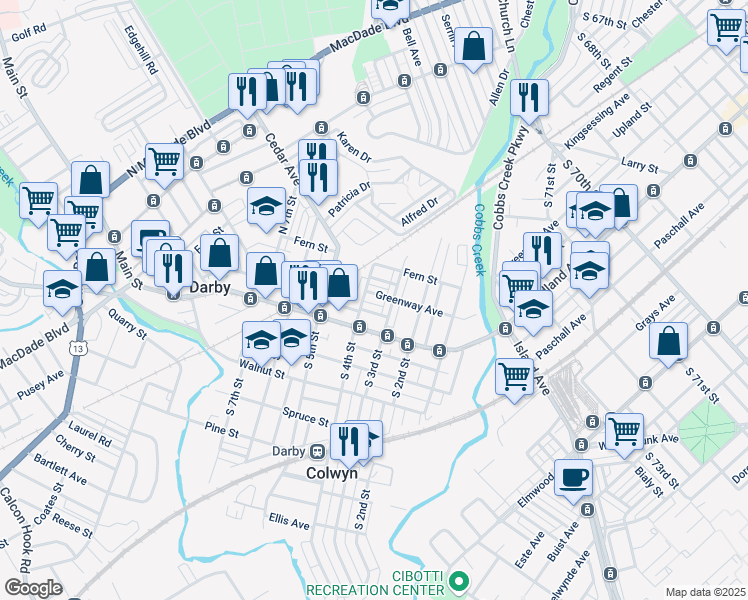 map of restaurants, bars, coffee shops, grocery stores, and more near 312 Greenway Avenue in Darby