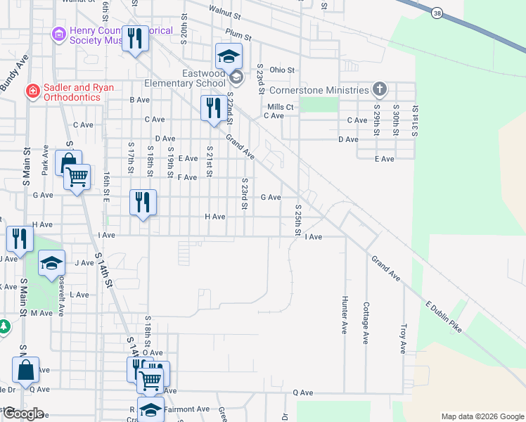 map of restaurants, bars, coffee shops, grocery stores, and more near 2318 H Avenue in New Castle