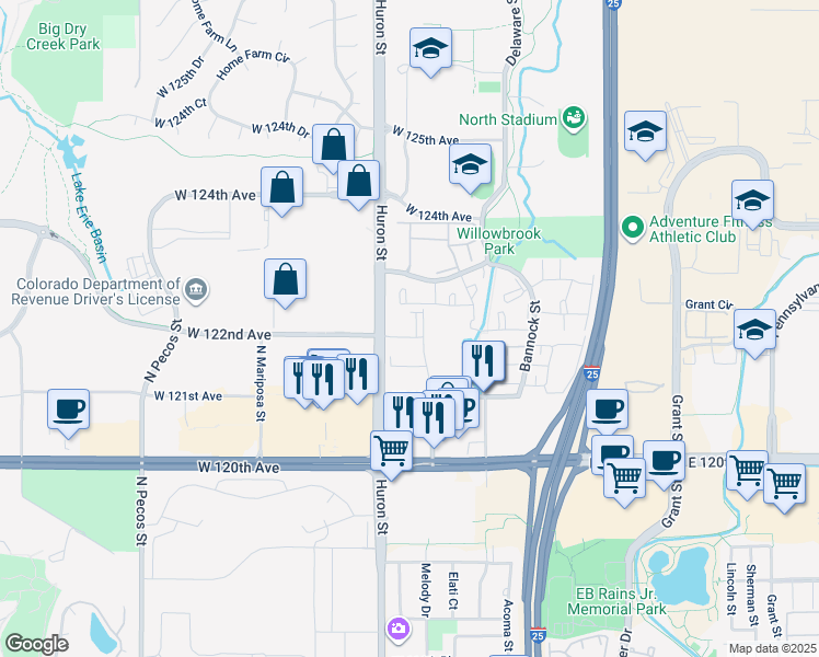 map of restaurants, bars, coffee shops, grocery stores, and more near 12173 Melody Drive in Westminster