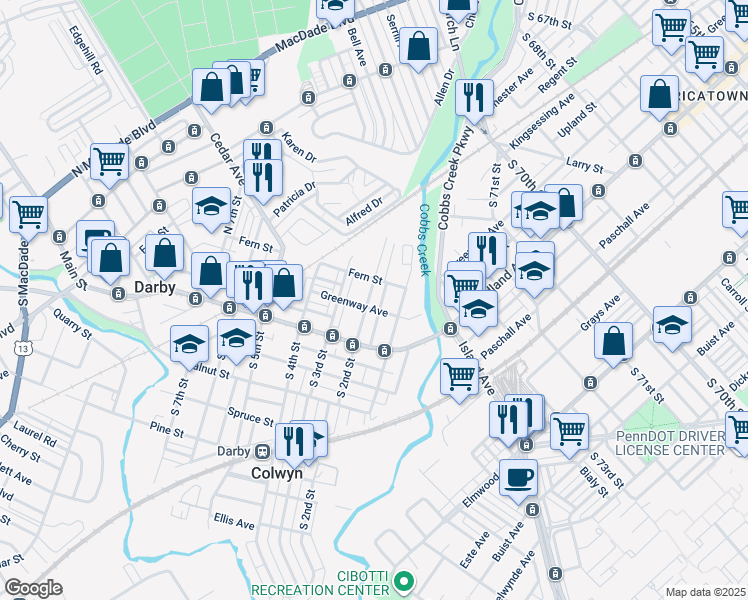 map of restaurants, bars, coffee shops, grocery stores, and more near 107 North 2nd Street in Darby