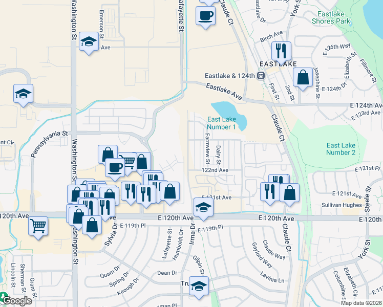 map of restaurants, bars, coffee shops, grocery stores, and more near Red Hawk Ranch Parking Lot Road in Thornton