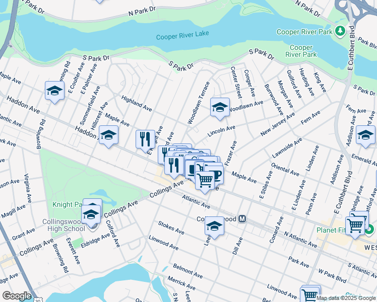 map of restaurants, bars, coffee shops, grocery stores, and more near 107 Lincoln Avenue in Collingswood