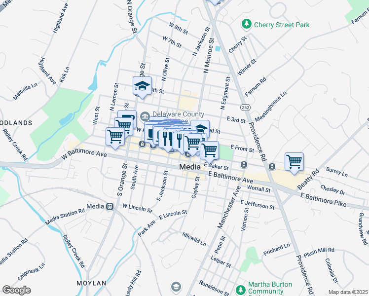 map of restaurants, bars, coffee shops, grocery stores, and more near 21 South Jackson Street in Media