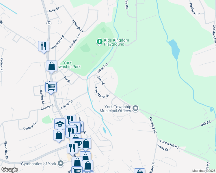 map of restaurants, bars, coffee shops, grocery stores, and more near 115 Oak Road in York