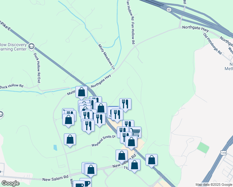 map of restaurants, bars, coffee shops, grocery stores, and more near 3 Superior Way in Uniontown