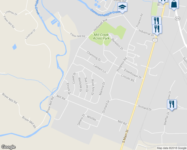 map of restaurants, bars, coffee shops, grocery stores, and more near 381 Martina Drive in Chambersburg