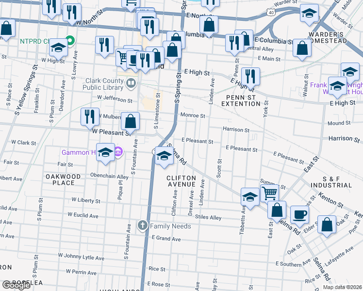 map of restaurants, bars, coffee shops, grocery stores, and more near 513 Vine Street in Springfield
