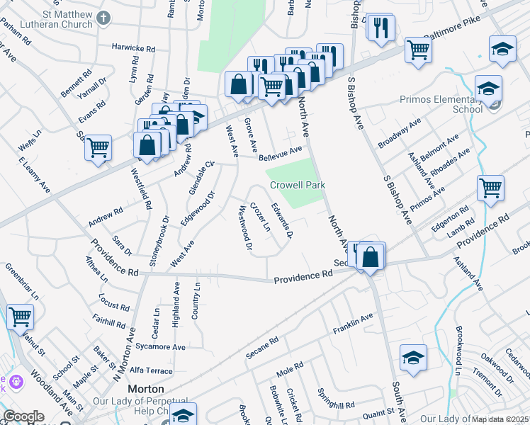 map of restaurants, bars, coffee shops, grocery stores, and more near 1017 Crozer Lane in Springfield